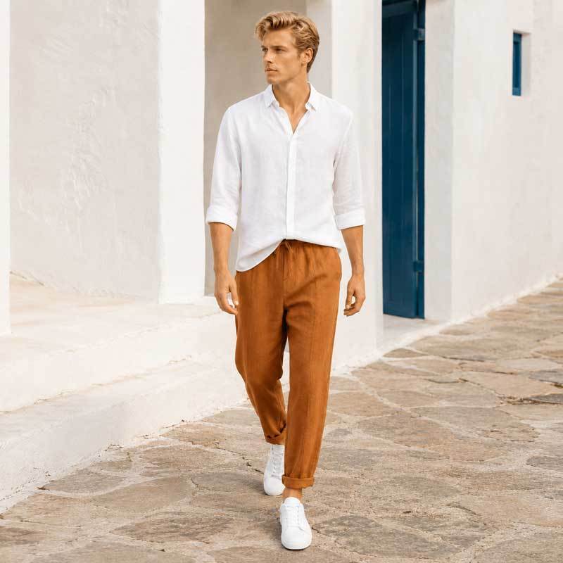 Men's Camel Linen Pants