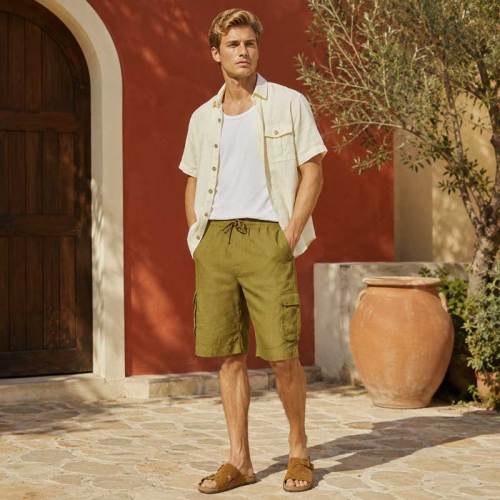 Men's Olive Linen Cargo Shorts