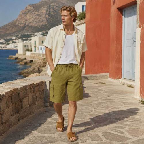 Men's Olive Linen Cargo Shorts