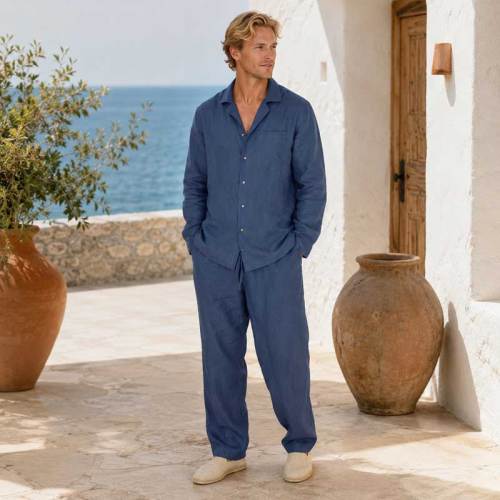 Men's Blue Linen Lounge Set