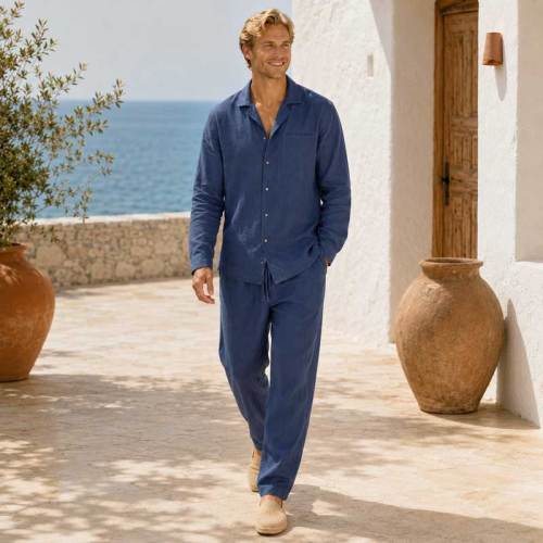 Men's Blue Linen Lounge Set
