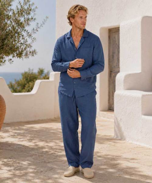 Men's Blue Linen Lounge Set
