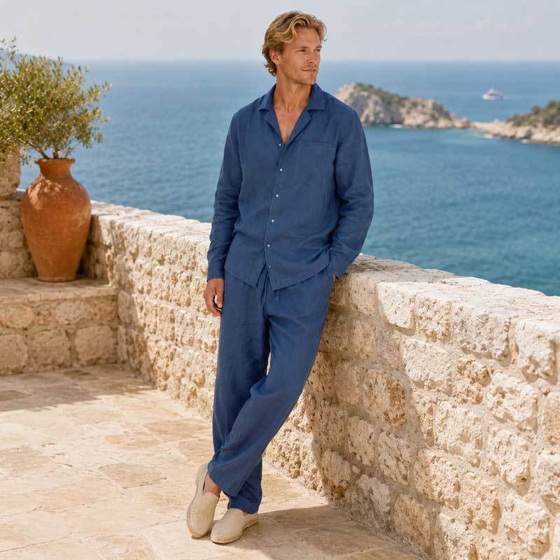 Men's Blue Linen Lounge Set