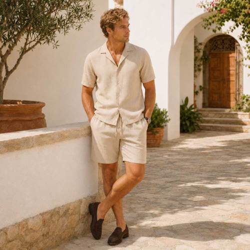 Men's Beige Linen Shorts Set