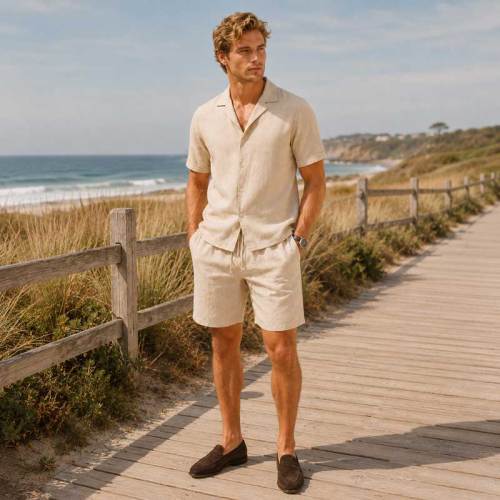 Men's Beige Linen Shorts Set