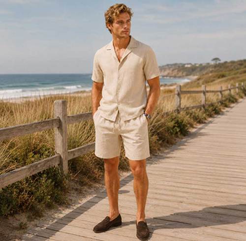 Men's Beige Linen Shorts Set