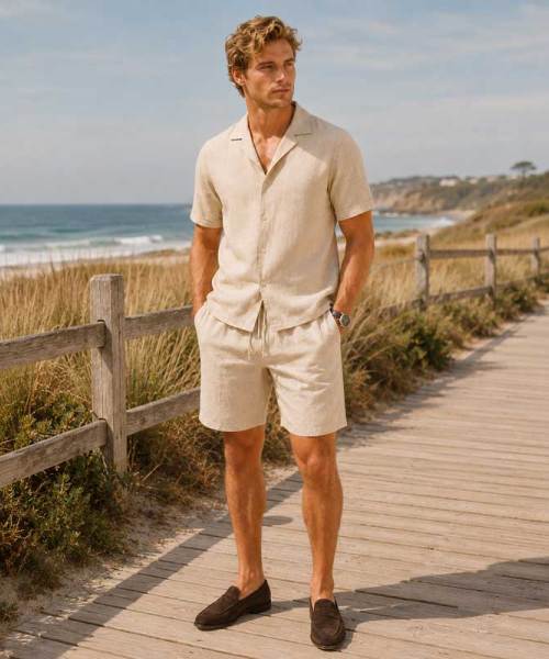 Men's Beige Linen Shorts Set