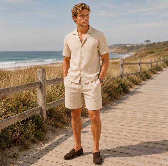 Men's Beige Linen Shorts Set