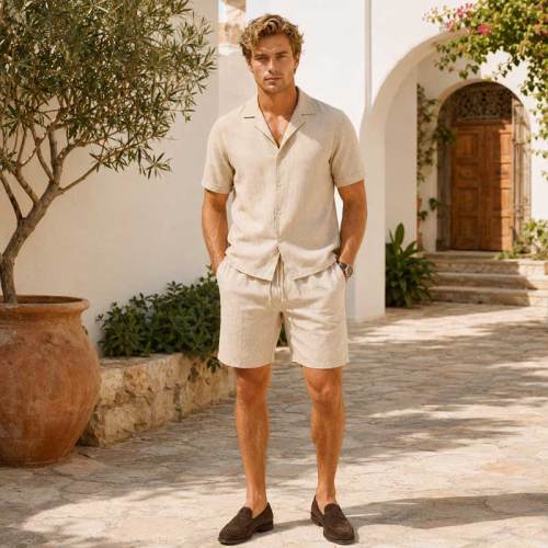 Men's Beige Linen Shorts Set