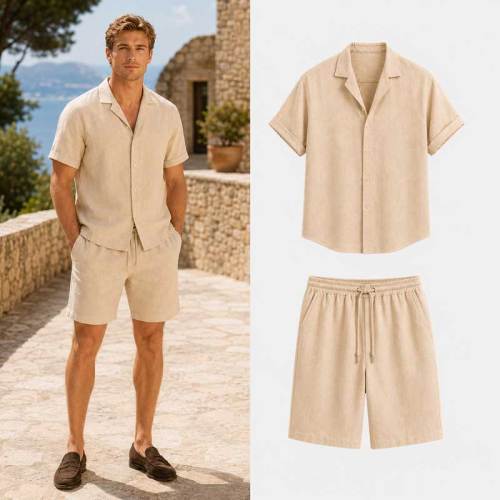 Men's Beige Linen Shorts Set