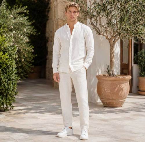 Men's White Linen Shirt and Pants Set