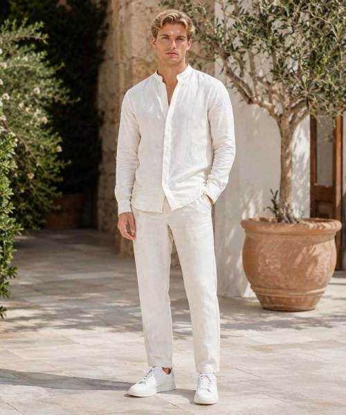 Men's White Linen Shirt and Pants Set