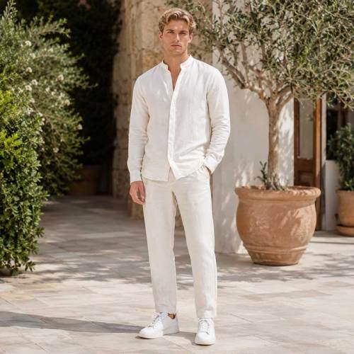 Men's White Linen Shirt and Pants Set