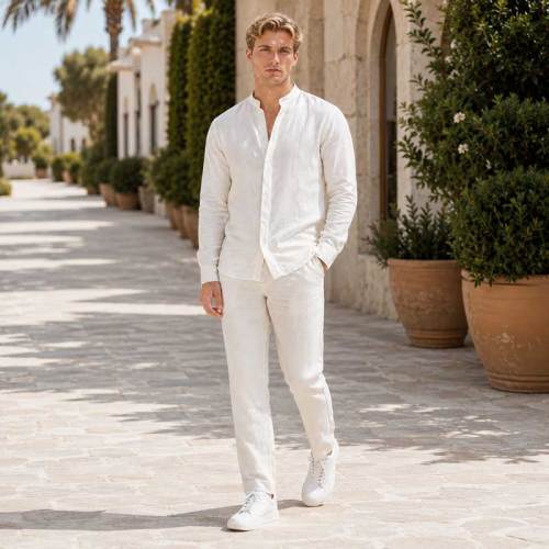 Men's White Linen Shirt and Pants Set