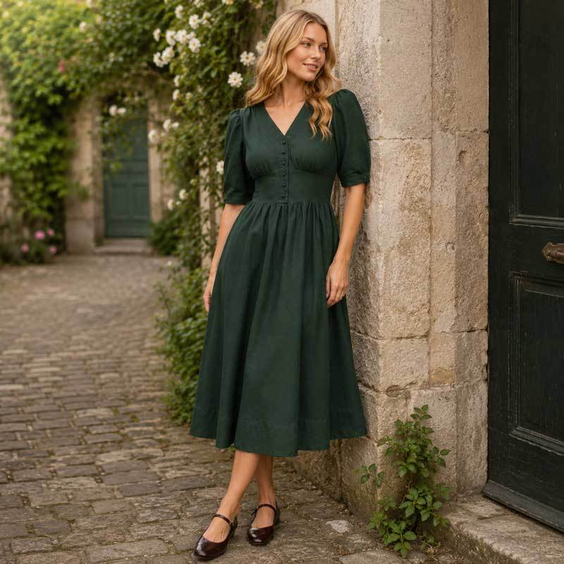 Women's Dark Green Linen Midi Dress