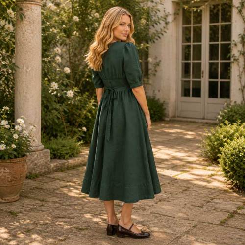 Women's Dark Green Linen Midi Dress