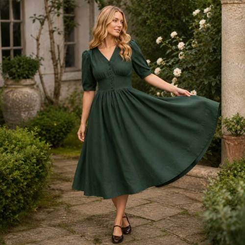 Women's Dark Green Linen Midi Dress