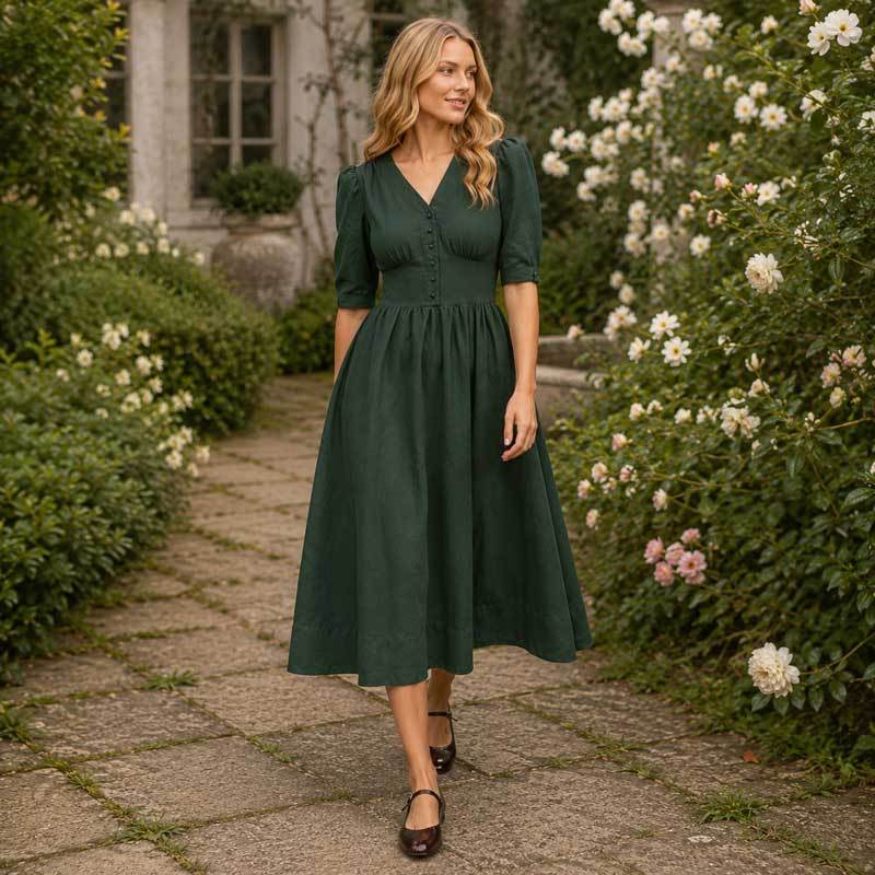 Women's Dark Green Linen Midi Dress
