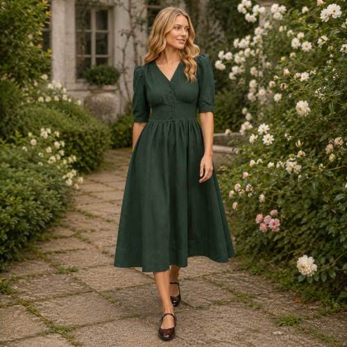 Women's Dark Green Linen Midi Dress