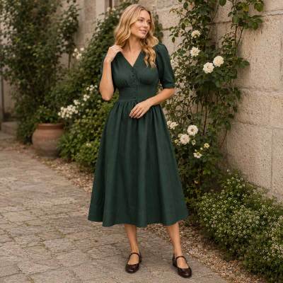 Women's Dark Green Linen Midi Dress