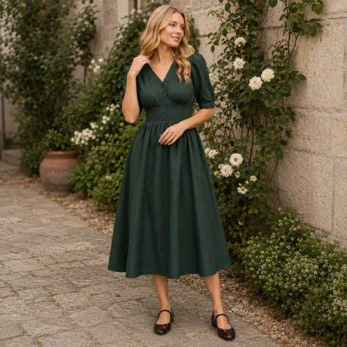 Women's Dark Green Linen Midi Dress