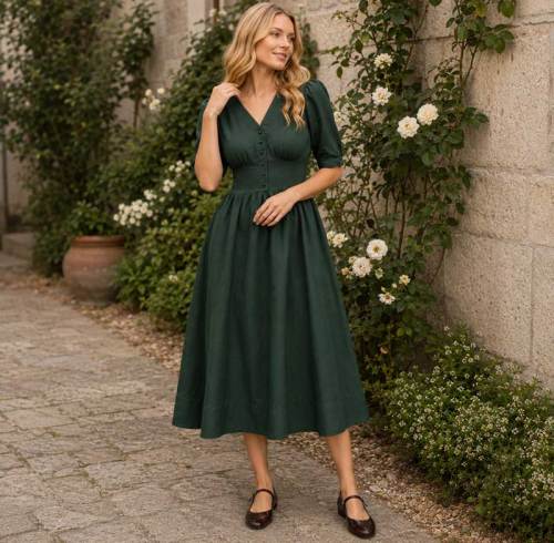 Women's Dark Green Linen Midi Dress