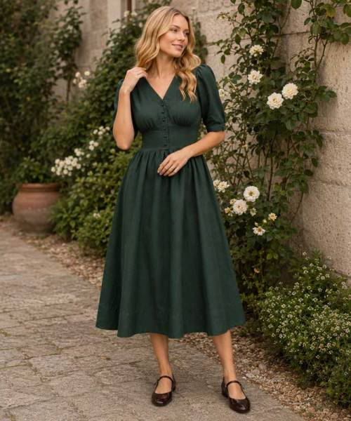 Women's Dark Green Linen Midi Dress