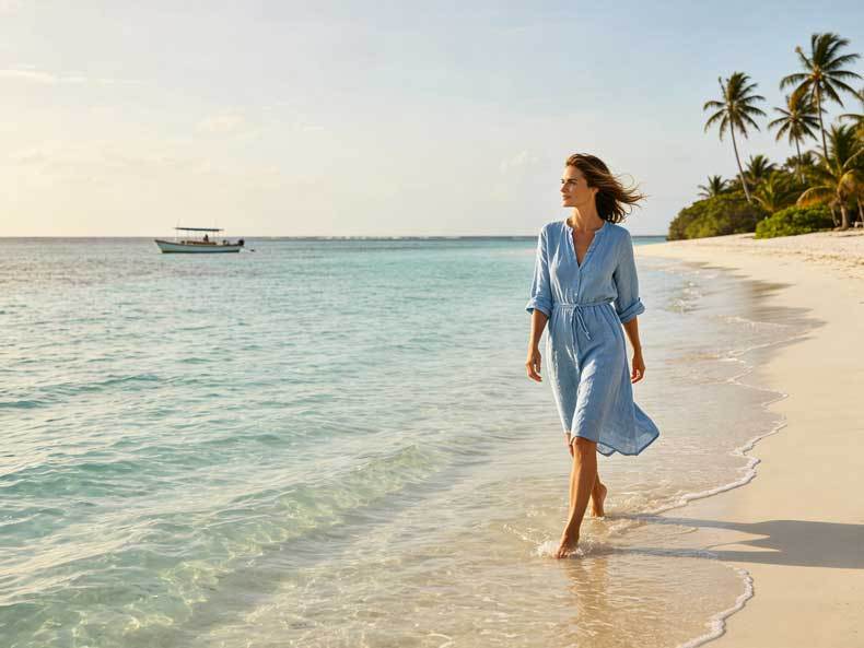 Woman in linen vacation dress at tropical beach setting