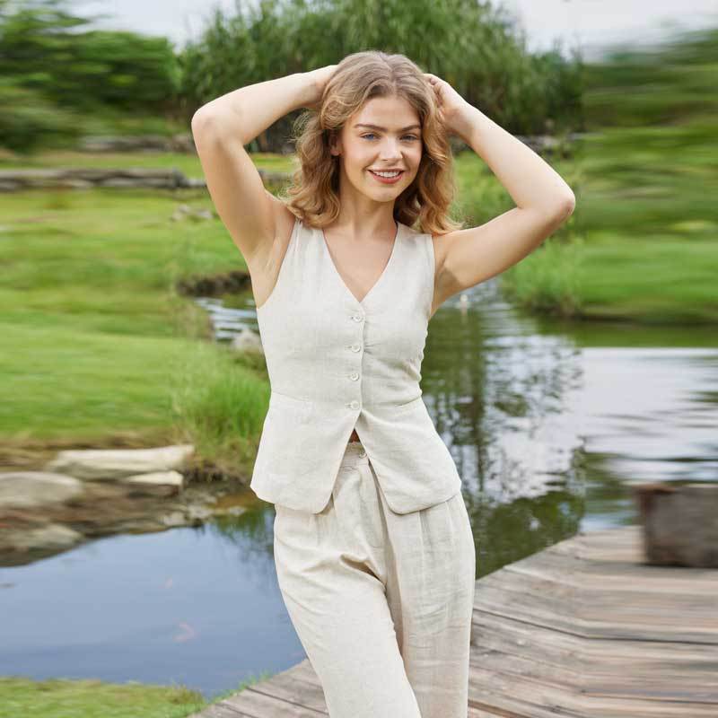 Women's Beige Linen Vest and Pants Set