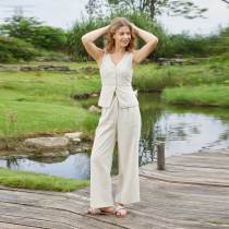 Women's Beige Linen Vest and Pants Set