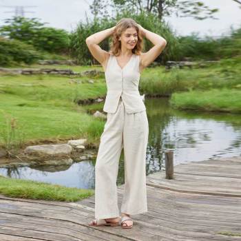 Women's Beige Linen Vest and Pants Set