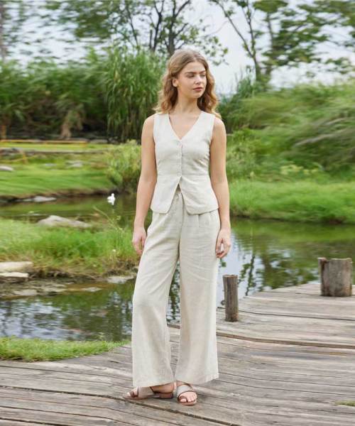 Women's Beige Linen Vest and Pants Set