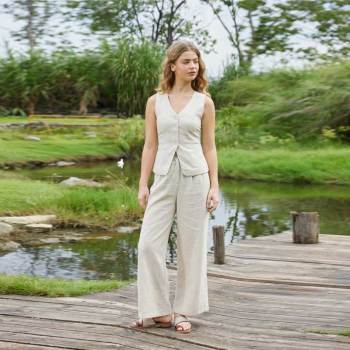 Women's Beige Linen Vest and Pants Set