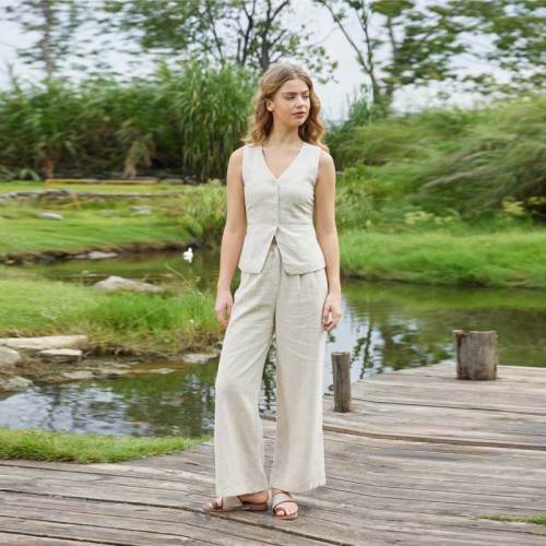 Women's Beige Linen Vest and Pants Set