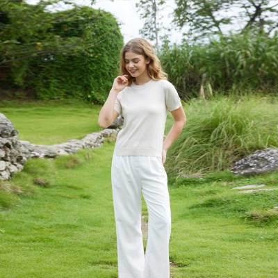 Women's Cream Linen Short Sleeve Top