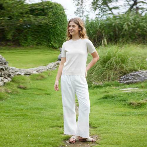 Women's Cream Linen Short Sleeve Top