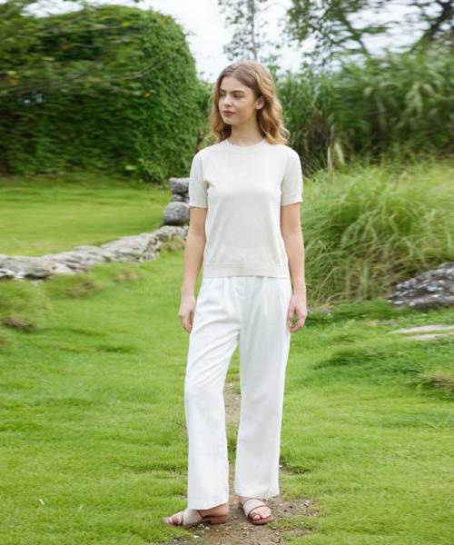 Women's Cream Linen Short Sleeve Top