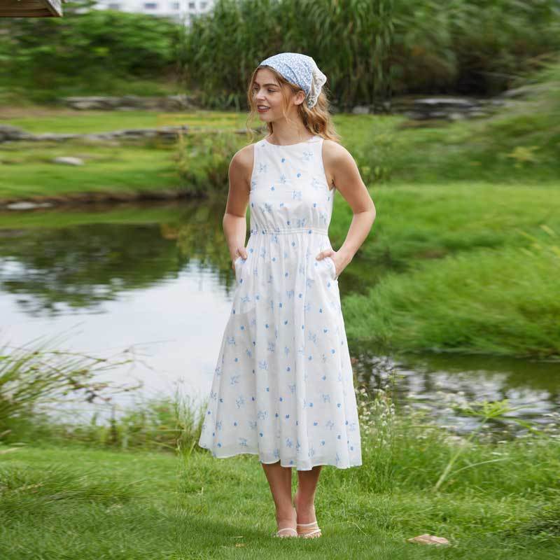Women's White Floral Linen Midi Dress with Open Back Detail