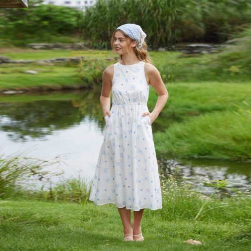 Women's White Floral Linen Midi Dress with Open Back Detail