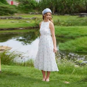 Women's White Floral Linen Midi Dress with Open Back Detail