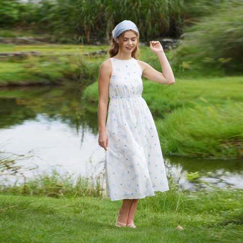 Women's White Floral Linen Midi Dress with Open Back Detail