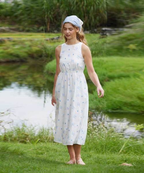 Women's White Floral Linen Midi Dress with Open Back Detail