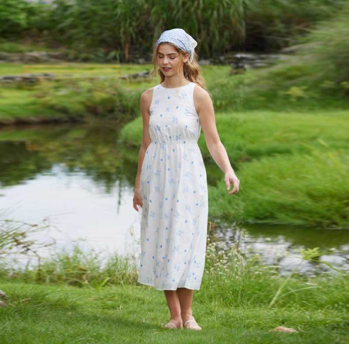 Women's White Floral Linen Midi Dress with Open Back Detail