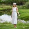 Women's White Floral Linen Midi Dress with Open Back Detail