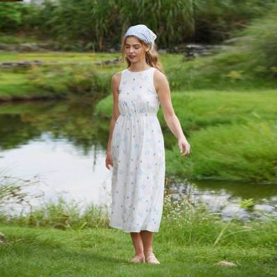 Women's White Floral Linen Midi Dress with Open Back Detail