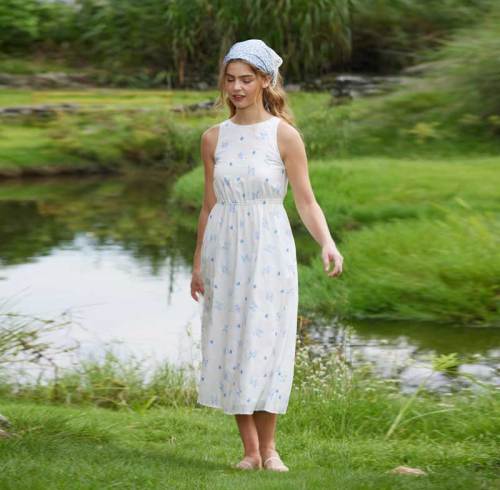 Women's White Floral Linen Midi Dress with Open Back Detail