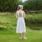 Women's White Floral Linen Midi Dress with Open Back Detail