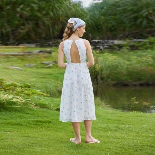 Women's White Floral Linen Midi Dress with Open Back Detail
