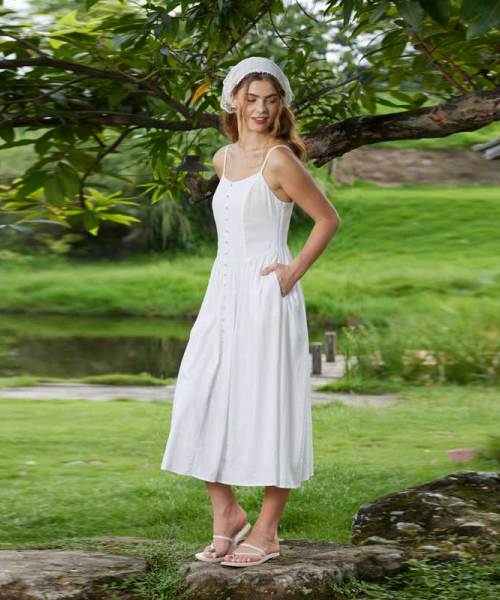 Women's White Linen Camisole Midi Dress with Button Front Detail