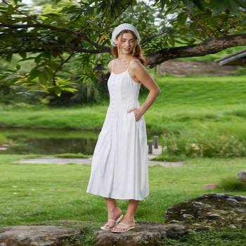 Women's White Linen Camisole Midi Dress with Button Front Detail